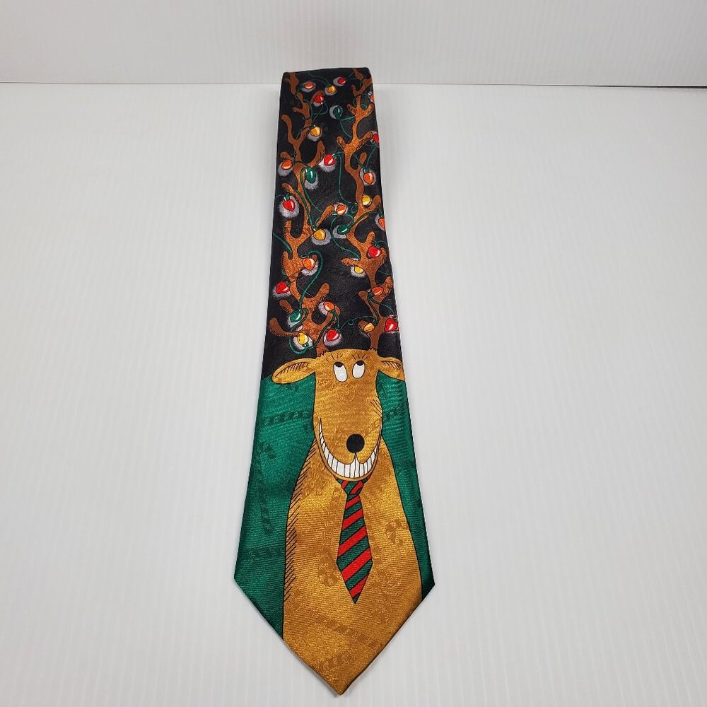 Hallmark Christmas Polyester Tie Smiling Reindeer & Christmas Lights 58" x 3.25"
